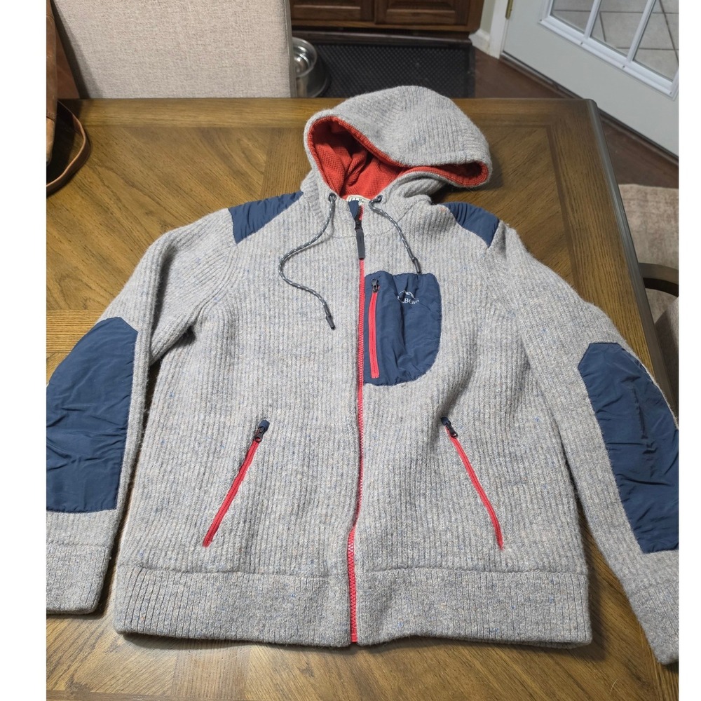LL Bean Mens Shetland Wool Full Zip Hoodie Grey Blue L-REG 505636 FLAW
